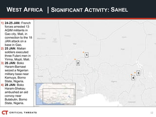 12
| SIGNIFICANT ACTIVITY:WEST AFRICA SAHEL
1) 24-25 JAN: French
forces arrested 13
AQIM militants in
Gao city, Mali, in
connection to the 18
JAN attack on a
base in Gao.
2) 25 JAN: Malian
soldiers executed
three Fulani men in
Yirma, Mopti, Mali.
3) 26 JAN: Boko
Haram-Barnawi
seized a Nigerian
military base near
Kamuya, Borno
State, Nigeria.
4) 28 JAN: Boko
Haram-Shekau
ambushed an aid
convoy near
Bulabulin, Borno
State, Nigeria.
2
3
1
4
 