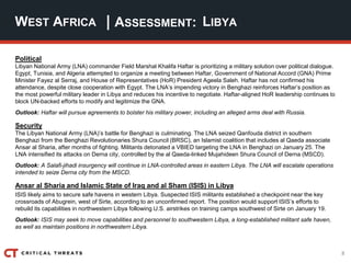 8
| ASSESSMENT:
Political
Libyan National Army (LNA) commander Field Marshal Khalifa Haftar is prioritizing a military solution over political dialogue.
Egypt, Tunisia, and Algeria attempted to organize a meeting between Haftar, Government of National Accord (GNA) Prime
Minister Fayez al Serraj, and House of Representatives (HoR) President Ageela Saleh. Haftar has not confirmed his
attendance, despite close cooperation with Egypt. The LNA’s impending victory in Benghazi reinforces Haftar’s position as
the most powerful military leader in Libya and reduces his incentive to negotiate. Haftar-aligned HoR leadership continues to
block UN-backed efforts to modify and legitimize the GNA.
Outlook: Haftar will pursue agreements to bolster his military power, including an alleged arms deal with Russia.
Security
The Libyan National Army (LNA)’s battle for Benghazi is culminating. The LNA seized Qanfouda district in southern
Benghazi from the Benghazi Revolutionaries Shura Council (BRSC), an Islamist coalition that includes al Qaeda associate
Ansar al Sharia, after months of fighting. Militants detonated a VBIED targeting the LNA in Benghazi on January 25. The
LNA intensified its attacks on Derna city, controlled by the al Qaeda-linked Mujahideen Shura Council of Derna (MSCD).
Outlook: A Salafi-jihadi insurgency will continue in LNA-controlled areas in eastern Libya. The LNA will escalate operations
intended to seize Derna city from the MSCD.
Ansar al Sharia and Islamic State of Iraq and al Sham (ISIS) in Libya
ISIS likely aims to secure safe havens in western Libya. Suspected ISIS militants established a checkpoint near the key
crossroads of Abugrein, west of Sirte, according to an unconfirmed report. The position would support ISIS’s efforts to
rebuild its capabilities in northwestern Libya following U.S. airstrikes on training camps southwest of Sirte on January 19.
Outlook: ISIS may seek to move capabilities and personnel to southwestern Libya, a long-established militant safe haven,
as well as maintain positions in northwestern Libya.
WEST AFRICA LIBYA
 