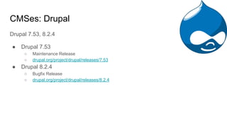 CMSes: Drupal
Drupal 7.53, 8.2.4
● Drupal 7.53
○ Maintenance Release
○ drupal.org/project/drupal/releases/7.53
● Drupal 8.2.4
○ Bugfix Release
○ drupal.org/project/drupal/releases/8.2.4
 
