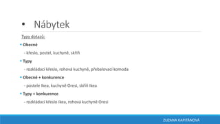 • Nábytek
Typy dotazů:
 Obecné
- křeslo, postel, kuchyně, skříň
 Typy
- rozkládací křeslo, rohová kuchyně, přebalovací komoda
 Obecné + konkurence
- postele Ikea, kuchyně Oresi, skříň Ikea
 Typy + konkurence
- rozkládací křeslo Ikea, rohová kuchyně Oresi
ZUZANA KAPITÁNOVÁ
 