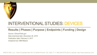 INTERVENTIONAL STUDIES: DEVICES
Results | Phases | Purpose | Endpoints | Funding | Design
Source: ClinicalTrials.gov
Data download date: December 26, 2016
Publication date: February 5, 2017
Analytical tool: IBM Watson
ARETE-ZOE, LLC: 1334 E Chandler Blvd 5A-19, 85048 Phoenix, AZ, USA | T:+1-480-409-0778 (24/7) | website: http://www.aretezoe.com/
 