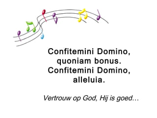 Confitemini Domino,
quoniam bonus.
Confitemini Domino,
alleluia.
Vertrouw op God, Hij is goed…
 