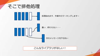 そこで排他処理
9
処理始めます、作業中のマーキングしますー
次のメッセージをやるねー
重い、終わらない……
こんなライブラリがほしい！
 