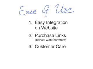 1. Easy Integration
on Website
2. Purchase Links
(Bonus: Web Storefront)
3. Customer Care
 