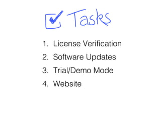 1. License Verification
2. Software Updates
3. Trial/Demo Mode
4. Website
 