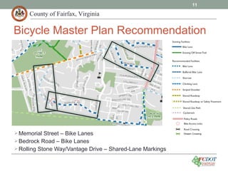 County of Fairfax, Virginia
11
Bicycle Master Plan Recommendation
Memorial Street – Bike Lanes
Bedrock Road – Bike Lanes
Rolling Stone Way/Vantage Drive – Shared-Lane Markings
 