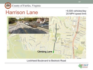 County of Fairfax, Virginia
17
Harrison Lane
Lockheed Boulevard to Bedrock Road
Climbing LaneClimbing Lane
~9,500 vehicles/day
25 MPH speed limit
 