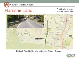 County of Fairfax, Virginia
20
Harrison Lane
Bedrock Road to Huntley Methodist Church Driveway
Bike LanesBike Lanes
~9,500 vehicles/day
25 MPH speed limit
 