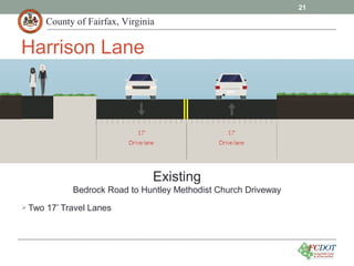 County of Fairfax, Virginia
Existing
Bedrock Road to Huntley Methodist Church Driveway
21
Harrison Lane
Two 17’ Travel Lanes
 
