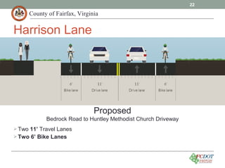 County of Fairfax, Virginia
Proposed
Bedrock Road to Huntley Methodist Church Driveway
22
Harrison Lane
Two 11’ Travel Lanes
Two 6’ Bike Lanes
 