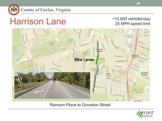 County of Fairfax, Virginia
26
Harrison Lane
Ransom Place to Groveton Street
Bike LanesBike Lanes
~12,000 vehicles/day
25 MPH speed limit
 