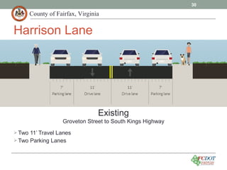 County of Fairfax, Virginia
Existing
Groveton Street to South Kings Highway
30
Harrison Lane
Two 11’ Travel Lanes
Two Parking Lanes
 
