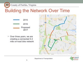 County of Fairfax, Virginia
Building the Network Over Time
Department of Transportation
5
2015
2016
Proposed
2017
 Over three years, we are
creating a connected 5.3
mile on-road bike network
 