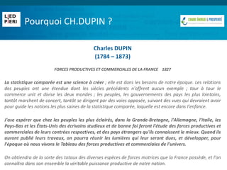 Pourquoi CH.DUPIN ?
Charles DUPIN
(1784 – 1873)
FORCES PRODUCTIVES ET COMMERCIALES DE LA FRANCE 1827
La statistique compar...