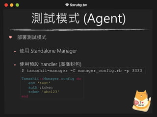 測試模式 (Agent)
部署測試模式
使用 Standalone Manager
使用預設 handler (廣播封包)
$ tamashii-manager -C manager_config.rb -p 3333
Tamashii::Manager.config do
env 'test'
auth :token
token 'abc123'
end
 