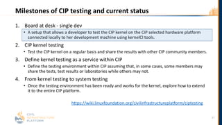 Milestones of CIP testing and current status
1. Board at desk - single dev
• A setup that allows a developer to test the CIP kernel on the CIP selected hardware platform
connected locally to her development machine using kernelCI tools.
2. CIP kernel testing
• Test the CIP kernel on a regular basis and share the results with other CIP community members.
3. Define kernel testing as a service within CIP
• Define the testing environment within CIP assuming that, in some cases, some members may
share the tests, test results or laboratories while others may not.
4. From kernel testing to system testing
• Once the testing environment has been ready and works for the kernel, explore how to extend
it to the entire CIP platform.
https://wiki.linuxfoundation.org/civilinfrastructureplatform/ciptesting
27
 