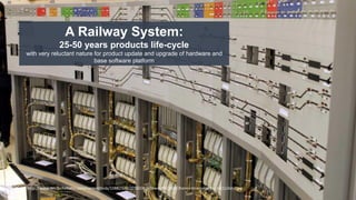 5
A Railway System:
25-50 years products life-cycle
with very reluctant nature for product update and upgrade of hardware and
base software platform
Image: http://www.deutschebahn.com/contentblob/10862328/20160301+Stw+M%C3%BClheim+Innenansicht+1+(1)/data.jpg
 