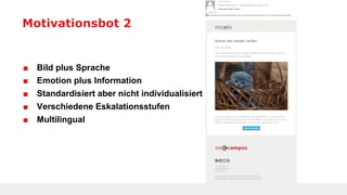 Motivationsbot 2
■ Bild plus Sprache
■ Emotion plus Information
■ Standardisiert aber nicht individualisiert
■ Verschiedene Eskalationsstufen
■ Multilingual
 