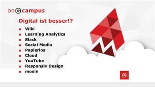 Digital ist besser!?
■ Wiki
■ Learning Analytics
■ Slack
■ Social Media
■ Papierlos
■ Cloud
■ YouTube
■ Responsiv Design
■ mooin
 