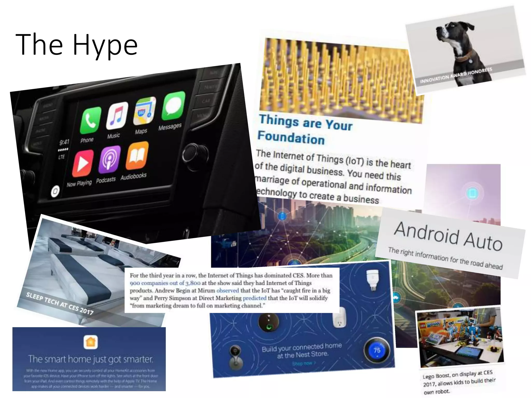 The Hype
• Gartner Predictions
• CES shows
• Home Apps
• Car Apps
 