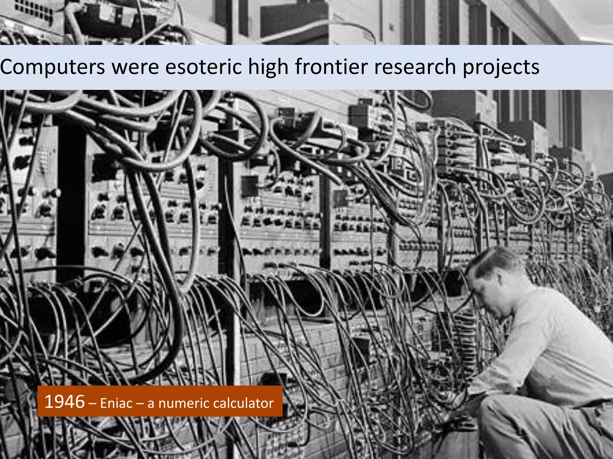 Computers were esoteric high frontier research projects
1946 – Eniac – a numeric calculator
 