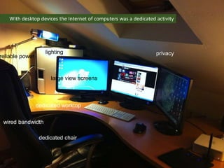 With desktop devices the Internet of computers was a dedicated activity
dedicated chair
lighting
wired bandwidth
large view screens
privacy
dedicated worktop
reliable power
 