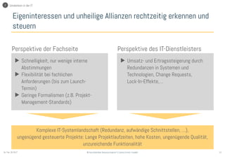 13© Sauerborn Management Consulting GmbHSo. Feb. 26 2017
Eigeninteressen und unheilige Allianzen rechtzeitig erkennen und
steuern
Komplexe IT-Systemlandschaft (Redundanz, aufwändige Schnittstellen, …),
ungenügend gesteuerte Projekte: Lange Projektlaufzeiten, hohe Kosten, ungenügende Qualität,
unzureichende Funktionalität
▶ Schnelligkeit, nur wenige interne
Abstimmungen
▶ Flexibilität bei fachlichen
Anforderungen (bis zum Launch-
Termin)
▶ Geringe Formalismen (z.B. Projekt-
Management-Standards)
Perspektive der Fachseite Perspektive des IT-Dienstleisters
▶ Umsatz- und Ertragssteigerung durch
Redundanzen in Systemen und
Technologien, Change Requests,
Lock-In-Effekte,…
2 Umdenken in der IT
 