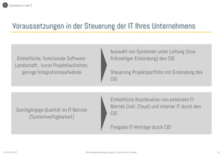 15© Sauerborn Management Consulting GmbHSo. Feb. 26 2017
Voraussetzungen in der Steuerung der IT Ihres Unternehmens
Einheitliche, funktionale Software-
Landschaft, kurze Projektlaufzeiten,
geringe Integrationsaufwände
Durchgängige Qualität im IT-Betrieb
(Systemverfügbarkeit)
Auswahl von Systemen unter Leitung (bzw.
frühzeitiger Einbindung) des CIO
Steuerung Projektportfolio mit Einbindung des
CIO
Einheitliche Koordination von externem IT-
Betrieb (inkl. Cloud) und interner IT durch den
CIO
Freigabe IT-Verträge durch CIO
2 Umdenken in der IT
 