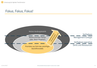 19© Sauerborn Management Consulting GmbHSo. Feb. 26 2017
Fokus, Fokus, Fokus!
Weitere Handlungsbedarfe
Weitere prioritäre Themen
(alles „Muss“-Projekte?)
3 Umsetzung der digitalen Transformation
Prioritäten aus Sicht des zukünftigen
Geschäftsmodells
Verfügbare
Management-Energie
Verfügbare operative
Skills und Ressourcen
Eigendynamikzur
Ausweitungdes
Transformationsprogramms
 