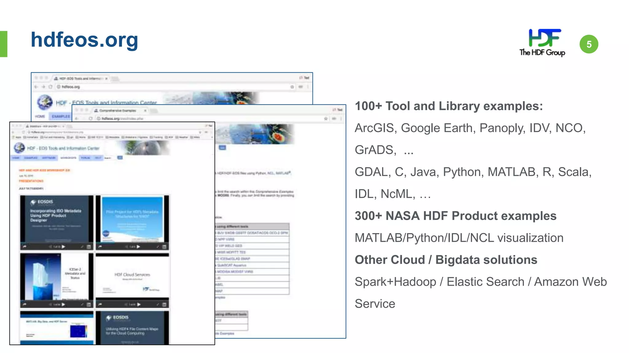 hdfeos.org 5
100+ Tool and Library examples:
ArcGIS, Google Earth, Panoply, IDV, NCO,
GrADS, ...
GDAL, C, Java, Python, MATLAB, R, Scala,
IDL, NcML, …
300+ NASA HDF Product examples
MATLAB/Python/IDL/NCL visualization
Other Cloud / Bigdata solutions
Spark+Hadoop / Elastic Search / Amazon Web
Service
 