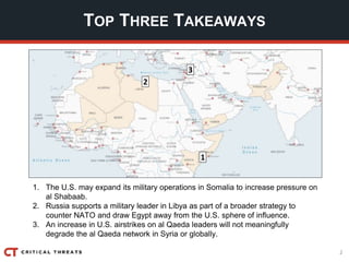 2
TOP THREE TAKEAWAYS
1. The U.S. may expand its military operations in Somalia to increase pressure on
al Shabaab.
2. Rus...