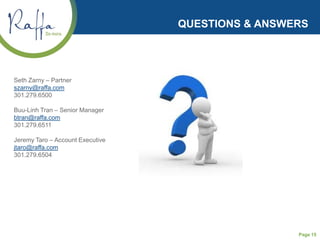 Page 15
QUESTIONS & ANSWERS
Seth Zarny – Partner
szarny@raffa.com
301.279.6500
Buu-Linh Tran – Senior Manager
btran@raffa.com
301.279.6511
Jeremy Taro – Account Executive
jtaro@raffa.com
301.279.6504
 