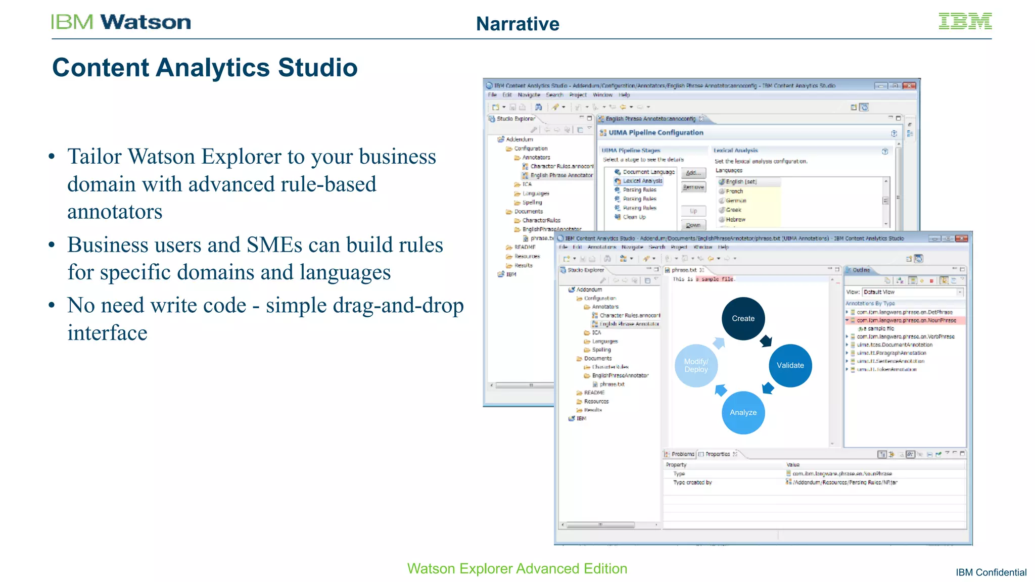 IBM Confidential
Content Analytics Studio
• Tailor Watson Explorer to your business
domain with advanced rule-based
annotators
• Business users and SMEs can build rules
for specific domains and languages
• No need write code - simple drag-and-drop
interface
Create
Validate
Analyze
Modify/
Deploy
Watson Explorer Advanced Edition
Narrative
 
