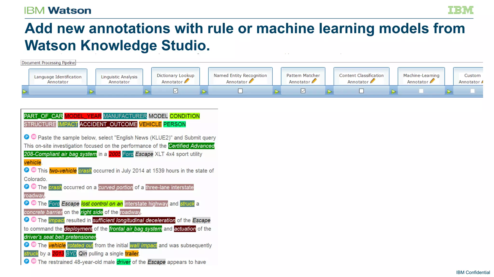 IBM Confidential
Add new annotations with rule or machine learning models from
Watson Knowledge Studio.
 