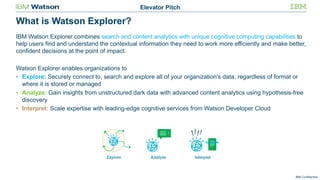 IBM Confidential
What is Watson Explorer?
Elevator Pitch
IBM Watson Explorer combines search and content analytics with unique cognitive computing capabilities to
help users find and understand the contextual information they need to work more efficiently and make better,
confident decisions at the point of impact.
Watson Explorer enables organizations to
• Explore: Securely connect to, search and explore all of your organization's data, regardless of format or
where it is stored or managed
• Analyze: Gain insights from unstructured dark data with advanced content analytics using hypothesis-free
discovery
• Interpret: Scale expertise with leading-edge cognitive services from Watson Developer Cloud
 