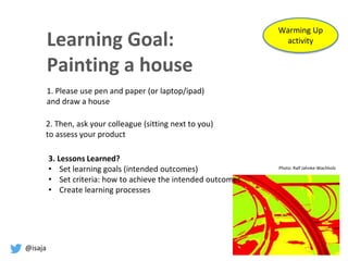 @isaja
Learning Goal:
Painting a house
1. Please use pen and paper (or laptop/ipad)
and draw a house
Photo: Ralf Jahnke-Wachholz
Warming Up
activity
2. Then, ask your colleague (sitting next to you)
to assess your product
3. Lessons Learned?
• Set learning goals (intended outcomes)
• Set criteria: how to achieve the intended outcomes
• Create learning processes
 