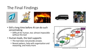 The Final Findings
• Still a long time before AI can do such
sensemaking
• Difficult for human, too: almost impossible
without the tool
• Human leads, the tool supports
• The tool does not provide answer,
• Reveal pattern, help with organisation and
reasoning, and many more
 