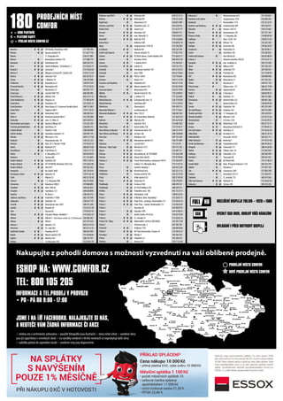 Bene?ov #  @ OD Hvzda,Vnou?kova 1699 317 700 106
Beroun  @ Husovo nmst 78 311 62 17 92
Blovec 17. listopadu 441 556 411 089
Blovice  Masarykovo nmst 176 371 580 779
Bohumn #  @ ?tefnikova 818 604 256 274
Brno #  @ GalerieVakovka -VeVakovce 1 515 26 63 21
Bruntl 1 #  @ Jesenick 1 737 29 04 44
B?eclav 3  @ Nkupn centrum M1, Lidick 33b 519 32 13 59
Bzenec #  @ Zmeck 1567 603 20 10 21
?slav #  @ J. Mahena 10 326 539 500
?elkovice #  @ Masarykova 22 326 99 74 01
?erven? Kostelec #  @ Nchodsk 428 777 22 10 23
?esk Lpa  Marinsk 212 487 837 777
?esk Lpa  @ nmstTGM 195 606 946 996
?eskT?ebov 2 #  @ H?blova 546 465 53 31 23
?esk Budjovice #  @ Riegrova 3a 777 88 56 99
?esk? Brod  @ Palackho 143 321 62 02 15
?esk? Krumlov #  @ Horn Brna 511 (Centrum Pork?v Most) 380 712 383
?esk?T?n  ?apkova 200/7 774 71 10 37
Da?ice #  @ Antonnsk 18/II 384 420 534
D?n 4 #  @ Revolu?n nmst 864/3 412 530 308
Dobru?ka #  @ nm. F.L.Vka 22 491 618 914
Dv?r Krlov nad Labem  @ Nmst Odboje 307 775 161 749
Fren?tt pod Radho?tm #  @ Havl?kova 34 556 839 133
Fr?dek-Mstek  Radni?n 1248 558 628 898
Gol??v Jenkov #  @ Havl?kovo nmst 133 569 442 129
Hlinsko #  @ Wilsonova 1142 469 31 17 96
Hodonn  Masarykovo nm. 10 518 122 123
Hole?ov  @ Nm. Dr. E. Bene?e 19/60 573 39 43 33
Holice  @ Ndra?n 675 466 68 15 60
Hora??ovice  @ Prchesk 35 376 51 17 22
Ho?ice #  A. Hlavatho 2177 603 83 84 83
Ho?ovice Tyr?ova 483 311 512 849
Hradec Krlov #  @ ?pitlsk 182 495 51 20 52
Hradec Krlov #  @ OC FUTURUM, Brnnsk 1825/23a 515 26 63 06
Hradec Krlov  @ Ji?n 870 495 263 242
Humpolec @ Na Zvod 1668 565 535 010
Hustope?e u Brna #  @ Ndra?n 18 519 41 36 10
Cheb  Mjov 32 603 52 18 28
Choce  @ T. G. Masaryka 980 465 473 838
Chomutov # @ Kukaova 2380/3 474 688 886
Chotbo? #  @ Nm.TGM 56 569 622 053
Chrudim #  @ Havl?kova 153 469 638 898
Ivan?ice Ve Sboru 1 546 434 212
Jablonec nad Nisou #  @ Palackho 1/1006 483 310 100
Jablunkov #  @ Dukelsk 136 558 34 17 47
Jesenk #  @ Masarykovo nm. 60/5 584 411 248
Jev?ko #  @ Kosteln 39 515 53 57 20
Ji?n Husova 60 775 05 67 25
Jihlava #  @ City park Jihlava, Hradebn 1 515 26 63 25
Jihlava  @ Bukov 3 -Horn Kosov vchod z ul. S.K.Neumanna 564 404 365
Jihlava  @ V?n 6 567 573 619
Jihlava 1 @ Hybrlec 153 605 22 74 32
Jilemnice  @ ?sl. Legi 462 481 54 12 25
Jind?ich?v Hradec #  Pravdova 837/II 384 361 030
Kada #  @ Mrov nmst 183 737 28 48 84
Kaplice #  @ Nmst 201 380 313 797
Kladno T.G.Masaryka 550 312 24 97 79
Kl?terec nad Oh?1  @ Petlersk 699 474 72 13 11
Klatovy #  @ Vdesk 841 376 33 16 20
Kop?ivnice  Zhumenn 335 556 821 589
Kostelec nad Orlic #  @ Palackho nm. 25 491 618 916
Krl?v Dv?r  @ Tovrn 222 311 63 75 77
Krava?e #  @ Hlu?nsk 158 558 847 317
Krnov #  @ nm. Minorit? 13 554 610 915
Krom?? #  @ Mal?Val 1552 573 33 68 86
Kutn Hora Kollrova 589 724 60 02 18
Kyjov  @ Jungmannova 1310/10 515 536 500
Lan?kroun #  Ndra?n 90 465 324 769
Lede? nad Szavou  Husovo nmst 19 777 82 73 41
Liberec #  @ OC NISA Liberec, ?esk mlde?e 456 515 26 63 17
Liberec  Venu?ina 544/6 603 44 93 30
Liberec #  5. kvtna 69/41 732 764 676
Litom?ice #  @ Lidick 18 416 732 135
Litomy?l  @ Smetanovo nmst 129 461 61 24 55
Litomy?l  Nov 1098 461 61 30 66
Litovel #  @ P??n 1348/5 725 716 664
Litvnov  Rusk 2121 476 11 13 78
Lomnice nad Popelkou @ Palackho 657 481 67 13 56
Louny  @ Mrov nmst 129 415 65 39 08
Lys nad Labem  Masarykova 652 325 55 10 95
Mlnk #  Nmst Karla IV. 185 725 24 09 01
Milevsko @ 5. kvtna 115 777 232 830
Mlad Boleslav #  @ ?eskobratrsk nm. 57 326 72 93 69
Mlad Boleslav Havl?kova 887 731 51 92 92
Mohelnice  Olomouck 8 583 430 713
MoravskT?ebov 1 Lan?krounsk 32 775 71 50 61
Moravsk Budjovice #  @ Nm. ?SA 51 568 420 189
Most #  @ OC Central Most, Radni?n 515 26 63 24
Nchod  @ Ml?nsk 304 491 42 44 38
Neratovice  Kojetick 1023 315 687 502
Nov Paka #  Komenskho 328 737 19 18 17
Nov Msto na Morav #  @ Vratislavovo Nm.101 566 52 15 91
Nov Msto nad Metuj #  @ 28.?jna 168 498 10 08 88
Nov? Bor  Ma?kova 329 487 722 340
Odry #  @ Masarykovo nmst 35 556 731 689
Olomouc  Lazeck 46/3 721 24 741
Olomouc - Nov Sady  @ Werichova 721/1 581 111 765
Opava #  @ U Fortny 1 553 607 511
Ostrava #  @ Novin?sk 6a, OC FUTURUM 515 26 63 08
Ostrava #  @ Hlavn t?da 564/81 797 97 90 88
Ostrava 2 #  @ Forum Nov Karolna, Jantarov 3344/4 515 26 63 07
Ostrov Lidick 712, Obchodn d?m 777 21 81 25
Pacov  nmst Svobody 1 564 44 22 04
Pelh?imov  @ K?eme?nick 816 565 32 12 12
Pelh?imov  Karlovo nmst 169 565 33 35 50
Psek #  Velk nmst 28 382 21 94 58
Plze #  @ Slovansk 34 378 770 070
Podbrady  @ ?echova 1430 608 259 537
Podbrady  @ OCTESCO Blkova 270 608 259 537
Poli?ka  @ Palackho nm. 188 461 72 23 11
Poln #  @ Varhnkova 1240 728 81 82 45
Praha 1 #  @ Palladium, Nm. Republiky 1 515 26 63 15
Praha 3 #  @ Palc Flra - prodejna,Vinohradsk 151 515 26 63 14
Praha 3 #  @ Palc Flra - stnek,Vinohradsk 151 515 26 63 05
Praha 4 Nuselsk 50 241 40 07 92
Praha 4  @ Libu?sk 1995 241 41 06 45
Praha 4  Antala Sta?ka 1074/53a 241 02 19 99
Praha 6 #  @ ?s. armdy 34 515 26 63 16
Praha 618 - ?epy #  @ Makovskho 1349/2a (OD OVUS) 235 30 11 09
Praha 7 Ortenovo nm. 2 601 392 187
Praha 82 #  Zenklova 1795 284 68 04 86
Praha 9 #  @ NC FnixVyso?ansk, Freyova 35 515 26 63 12
Prostjov  @ Hlinky 4 582 363 335
P?erov #  @ Palackho 22 581 202 673
P?e?tice  Husova 335 723 11 22 44
Rokycany 1  Klostermannova 635 371 724 821
Roudnice nad Labem Jungmannova 1029 416 838 203
Rumburk Komenskho 1173 412 33 32 91
Rychnov nad Kn?nou #  @ Svatohavelsk 499 491 618 911
R?ma?ov # @ Husova 1292/15 554 212 682
?evnice #  @ Herrmannova 120 257 721 194
??any u Prahy #  @ 17. listopadu 262 314 00 87 00
Sedl?any # Nm.T.G.M. 165 318 82 17 02
Sokolov #  @ K??ov 116 352 623 330
Stakov #  @ Americk 396 379 48 24 93
Strakonice # @ Podskalsk 59 383 38 90 11
Su?ice @ Havl?kova 102 376 520 635
Svtl nad Szavou  Nov Msto 82 565 65 00 09
Svitavy 2 Antonna Slav?ka 704/29 737 52 47 13
?umperk #  @ Gen. Svobody 42 583 211 658
Tbor  @ Blkova 2939 381 256 729
Tbor #  @ Jordnsk 574 381 258 541
Tachov  @ Plzesk 442 371 14 09 99
Tel? #  @ Masarykova 282 560 000 048
Teplice  @ Masarykova 15 417 535 353
Ti?nov #  Bezru?ova 21 549 411 139
Trhov Sviny # ?i?kovo nm. 117 386 32 17 84
Trutnov  @ Spojeneck 69 499 944 944
T?eb? 1 #  @ V. Nezvala 4 568 84 89 27
T?ebo # @ Dukelsk 133 384 721 869
T?emo?nice #  @ Nmst Mru 353 469 661 386
T?inec  Nmst Mru 551 558 98 99 89
Turnov #  @ Palackho 148 481 325 240
T?n nadVltavou #  @ Jirskova 762 385 731 690
T?ni?t nad Orlic #  @ 17. listopadu 222 491 618 918
Uhersk Hradi?t  @ Ml?nsk 1228 572 55 12 56
Uhersk? Brod  U Fortny 1344 572 63 97 01
Uni?ov #  @ Mohelnick 1378 603 37 37 37
Uni?ov #  Masarykovo Nmst 41 777 09 45 13
?st nad Labem #  @ Van?kova 27 515 26 63 20
Velk Bte?  @ NaValech 512 566 53 10 16
Velk Mezi?? Novosady 102/93 566 522 111
Velk Pavlovice  @ Brnnsk 7 777 76 31 40
Vesel nad Moravou  @ Svatoplukova 654 604 44 50 62
Vimperk  @ Pivovarsk 111 388 41 65 00
Vla?im #  @ ?i?kovo nm. 54 317 845 939
Vodany #  @ Palackho 1231 383 383 999
Vrchlab 1  Slovansk 90 499 421 657
Vsetn  @ B? Hlavic? 80 737 51 58 35
Vysok M?to  @ Nm. P?emysla Otakara II. 210 465 422 793
Zb?eh  Nerudova 7 777 657 745
Zln #  @ Smetanova 2401 577 002 700
Znojmo  Kram?sk 355/17 515 244 473
?amberk  ?s. armdy 774 465 613 565
??r nad Szavou #  @ Ndra?n 26 515 26 63 26
?eleznice  @ Tyr?ova 298 493 523 236
180 PRODEJN?CH M?ST
COMFOR
@ = V?DEJN? M?STO COMFOR.CZ
# = IBOD PARTNE?I
 = PLATEBN? KARTY
T?INEC
HOLE?OV
VSET?N
NOV? KAROLINA
UHERSK? BROD
BRUNT?L
NERATOVICE
TRHOV? SVINY
B?ECLAV
LOD?NICE
MORAVSK?
KRUMLOV
SVITAVY
?ESK? BUD?JOVICE
LOMNICE
NAD POPELKOU
HOSTINN?
?ERVEN?
KOSTELEC
JABLONEC
NAD NISOU
JILEMNICE
KL??TEREC NAD OH??
DV?R KR?LOV?
NAD LABEM
?ESK? T?EBOV????ANY ?AMBERK
RUMBURK
PRACHATICE
OC PLAZA
STRAKONICE
PACOV
M?LN?K
JESEN?K
Z?B?EH
PARDUBICE T?NI?T? NAD ORLIC?
TEL: 800 105 205
INFORMACE A TEL.PRODEJ V PROVOZU
? PO - P? OD 9:00 - 17:00
Nakupujte z pohodl domova s mo?nost vyzvednut na va? oblben prodejn.
 zmna cen a sortimentu vyhrazena  pou?it fotografie jsou ilustra?n  slevy nelze s?tat  uveden slevy
jsou ji? zapo?tny v cenovkch zbo?  na v?robky uveden v tchto novinch se neposkytuj dal? slevy
 nabdka platn do vyprodn zsob  uveden ceny jsou doporu?en
ESHOP NA: WWW.COMFOR.CZ
JSME I NA FACEBOOKU. NALAJKUJTE SI N?S,
A NEUTE?E V?M ??DN? INFORMACE ?I AKCE
PRODEJN? M?STO COMFOR
NOV? PRODEJN? M?STO COMFOR
ROZLI?EN? DISPLEJE FULLHD C 19201080
RYCHL? SSD DISK, ODOLN? V??I N?RAZ?M
OVL?D?N? I P?ES DOTYKOV? DISPLEJ
 