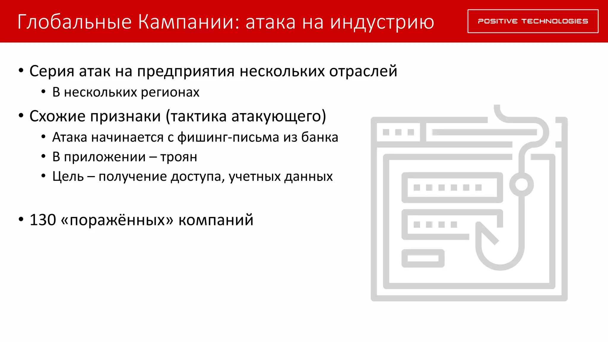 Глобальные Кампании: атака на индустрию
• Серия атак на предприятия нескольких отраслей
• В нескольких регионах
• Схожие признаки (тактика атакующего)
• Атака начинается с фишинг-письма из банка
• В приложении – троян
• Цель – получение доступа, учетных данных
• 130 «поражённых» компаний
 