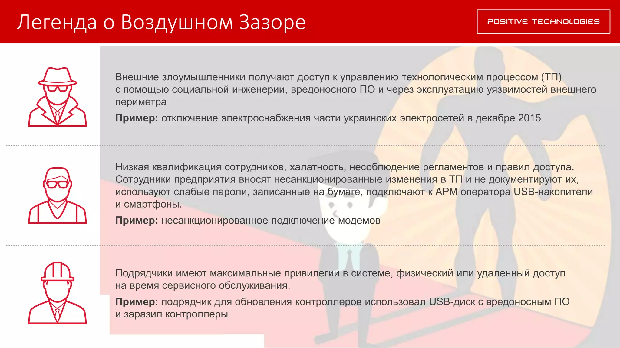 Легенда о Воздушном Зазоре
Внешние злоумышленники получают доступ к управлению технологическим процессом (ТП)
с помощью социальной инженерии, вредоносного ПО и через эксплуатацию уязвимостей внешнего
периметра
Пример: отключение электроснабжения части украинских электросетей в декабре 2015
Низкая квалификация сотрудников, халатность, несоблюдение регламентов и правил доступа.
Сотрудники предприятия вносят несанкционированные изменения в ТП и не документируют их,
используют слабые пароли, записанные на бумаге, подключают к АРМ оператора USB-накопители
и смартфоны.
Пример: несанкционированное подключение модемов
Подрядчики имеют максимальные привилегии в системе, физический или удаленный доступ
на время сервисного обслуживания.
Пример: подрядчик для обновления контроллеров использовал USB-диск с вредоносным ПО
и заразил контроллеры
 