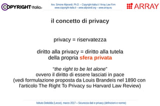 privacy = riservatezza
diritto alla privacy = diritto alla tutela
della propria sfera privata
“the right to be let alone”
ovvero il diritto di essere lasciati in pace
(vedi formulazione proposta da Louis Brandeis nel 1890 con
l'articolo The Right To Privacy su Harvard Law Review)
Avv. Simone Aliprandi, Ph.D. – Copyright-Italia.it / Array Law Firm
www.copyright-italia.it – www.aliprandi.org – www.array.eu
Istituto Deledda (Lecce), marzo 2017 – Sicurezza dati e privacy (definizioni e norme)
il concetto di privacy
 