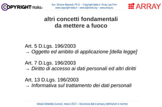 Art. 5 D.Lgs. 196/2003
→ Oggetto ed ambito di applicazione [della legge]
Art. 7 D.Lgs. 196/2003
→ Diritto di accesso ai dati personali ed altri diritti
Art. 13 D.Lgs. 196/2003
→ Informativa sul trattamento dei dati personali
Avv. Simone Aliprandi, Ph.D. – Copyright-Italia.it / Array Law Firm
www.copyright-italia.it – www.aliprandi.org – www.array.eu
Istituto Deledda (Lecce), marzo 2017 – Sicurezza dati e privacy (definizioni e norme)
altri concetti fondamentali
da mettere a fuoco
 