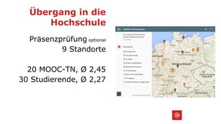 Übergang in die
Hochschule
Präsenzprüfung optional
9 Standorte
20 MOOC-TN, Ø 2,45
30 Studierende, Ø 2,27
 