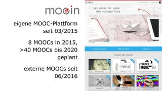 eigene MOOC-Plattform
seit 03/2015
8 MOOCs in 2015,
>40 MOOCs bis 2020
geplant
externe MOOCs seit
06/2016
 