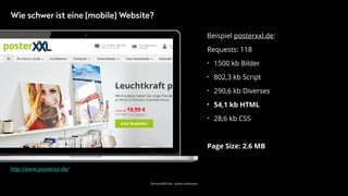 TechnicalSEO.de - André Goldmann
Beispiel posterxxl.de:
Requests: 118
• 1500 kb Bilder
• 802,3 kb Script
• 290,6 kb Diverses
• 54,1 kb HTML
• 28,6 kb CSS
Page Size: 2.6 MB 
http://www.posterxxl.de/
Wie schwer ist eine [mobile] Website?
 