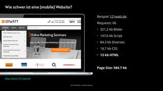 TechnicalSEO.de - André Goldmann
Beispiel 121watt.de:
Requests: 66
• 321,2 kb Bilder
• 147,6 kb Script
• 84,3 kb Diverses
• 18,7 kb CSS
• 13 kb HTML
Page Size: 584.7 kb 
http://www.121watt.de
Wie schwer ist eine [mobile] Website?
 
