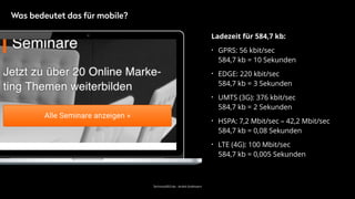 TechnicalSEO.de - André Goldmann
Ladezeit für 584,7 kb:
• GPRS: 56 kbit/sec 
584,7 kb = 10 Sekunden
• EDGE: 220 kbit/sec 
584,7 kb = 3 Sekunden
• UMTS (3G): 376 kbit/sec 
584,7 kb = 2 Sekunden
• HSPA: 7,2 Mbit/sec – 42,2 Mbit/sec 
584,7 kb = 0,08 Sekunden
• LTE (4G): 100 Mbit/sec 
584,7 kb = 0,005 Sekunden
Was bedeutet das für mobile?
 