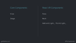 geildanke.com @ﬁschaelameer
View
Image
Core Components
Pano
Mesh
React VR Components
AmbientLight, PointLight,
 