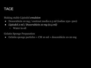 TACE
Making stable Lipiodol emulsion
● Doxorubicin 10 mg / contrast media 0.5 ml (iodine 250–300)
● Lipiodol 2 ml / Doxoru...