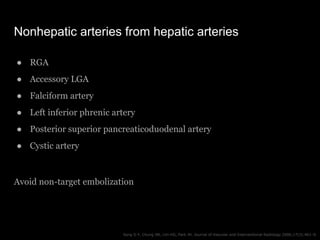 Nonhepatic arteries from hepatic arteries
● RGA
● Accessory LGA
● Falciform artery
● Left inferior phrenic artery
● Poster...